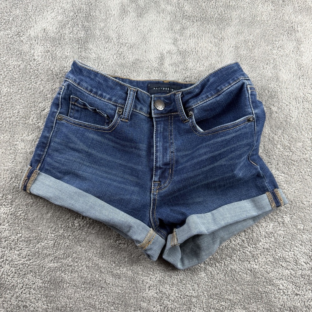 Aeropostale High Rise Midi Jean Shorts Womens 2 Blue Medium Wash Rolled Cuff